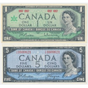 Kanada, 1 Dollar 1967 i 5 Dollars 1954 (2szt)