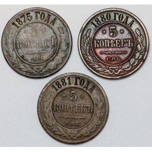 Rosja, 5 kopiejek 1875-1881, zestaw (3szt)