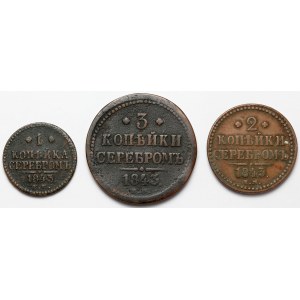 Rusko, 1-3 stříbrné kopějky 1843, sada (3ks)