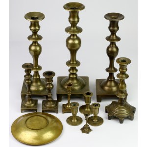 Brass candlesticks (11pcs) + platter
