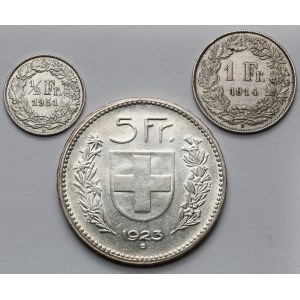Švajčiarsko, 1/2, 1 a 5 frankov 1914-1951 (3 ks)