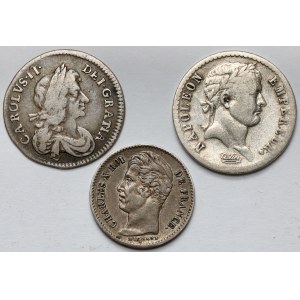 Great Britian 3 pence 1671 and France 1/4, 1/2 franc 1810-30 (3pcs)