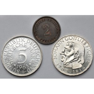 Deutschland, 5 Mark 1963-1964 und 2 Pfennige 1876 - Satz (3Stück)