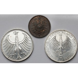 Deutschland, 5 Mark 1963-1964 und 2 Pfennige 1876 - Satz (3Stück)