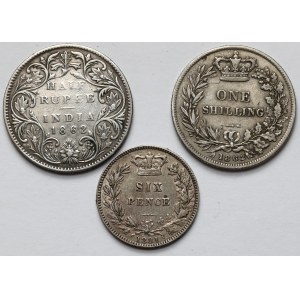 Veľká Británia a India, strieborné mince 1862-1881 - sada (3ks)