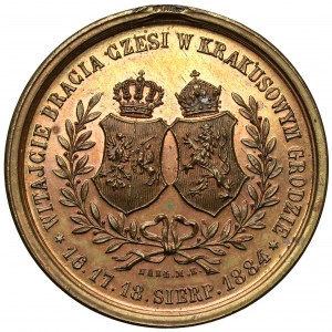 Medal, Pamiątka Pobytu Czeskiego Tow. Gim. SOKOŁA w Krakowie 1884 - brąz - PIĘKNY