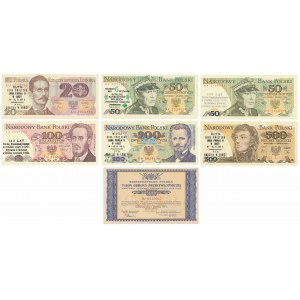 Banknoty PRL z nadrukami + Bon Obrony Przeciwlotniczej (7szt)