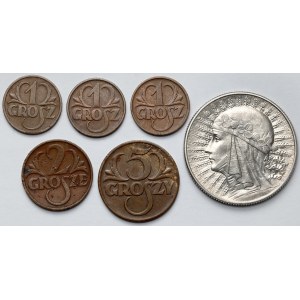 Kopf einer Frau 5 Zloty 1933 und 1-5 Groszy 1934-1938 - Satz (6 St.)