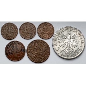 Głowa Kobiety 5 złotych 1933 i 1-5 groszy 1934-1938 - zestaw (6szt)
