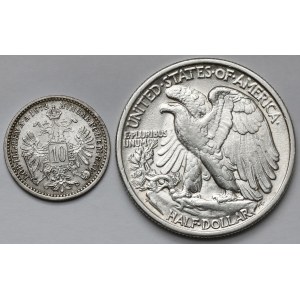 Rakousko, 10 krajcarů 1872 a USA, 1/2 dolaru 1945 - sada (2ks)