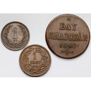 Maďarsko, Krajcar 1848-1887 a Filler 1902 - sada (3ks)