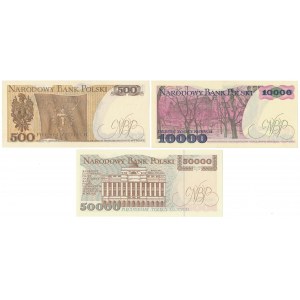 Sada 500 zlotých, 10 000 zlotých a 50 000 zlotých 1979-1993 (3 ks)