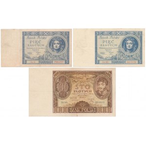 Zestaw 2x 5 złotych 1930 i 100 złotych 1932 (3szt)