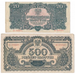 Zestaw 20 i 500 złotych 1944 ...owym (2szt)