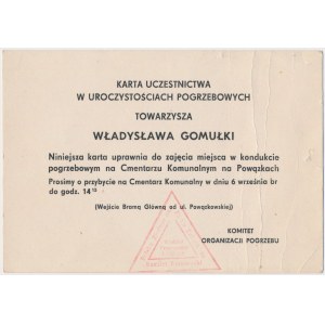Karta uczestnictwa w pogrzebie Władysława Gomułki