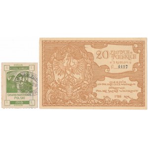 Poľská vojenská pokladnica, 20 zlotých = 3 rub 1916 + pečiatka poľskej štátnej pokladnice (2ks)