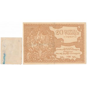 Polská vojenská pokladna, 20 zlotých = 3 rub 1916 + razítko polské státní pokladny (2ks)