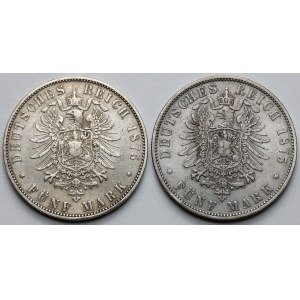 Hesse and Württemberg, 5 marks 1875 - lot (2pcs)