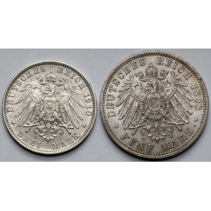 Bavorsko a Prusko, 3 marky 1910 a 5 mariek 1898 - sada (2ks)