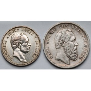 Saxony and Württemberg, 3 Marks 1910 and 5 Marks 1876 - lot (2pcs)