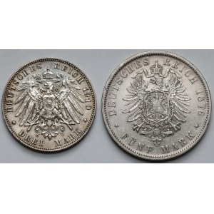 Saxony and Württemberg, 3 Marks 1910 and 5 Marks 1876 - lot (2pcs)