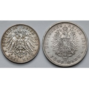 Sasko a Württembersko, 3 marky 1910 a 5 mariek 1876 - sada (2ks)