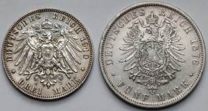 Saxony and Württemberg, 3 Marks 1910 and 5 Marks 1876 - lot (2pcs)