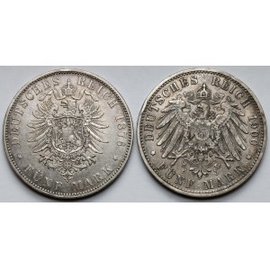 Prussia and Württemberg, 5 marks 1876 and 1900 - lot (2pcs)