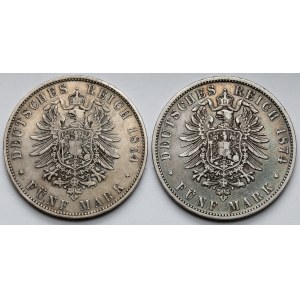 Bayern und Württemberg, 5 Mark 1874 D und F - Satz (2Stück)