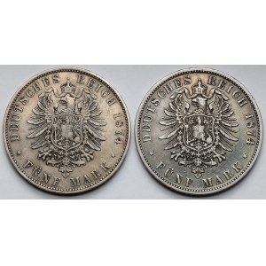 Bavorsko a Württembersko, 5 marek 1874 D a F - sada (2ks)