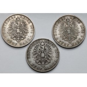 Bavaria, Hamburg and Prussia, 5 marks 1875 and 1876 - lot (3pcs)