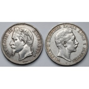 Francie a Prusko, 5 franků 1868 a 5 marek 1907 - sada (2ks)