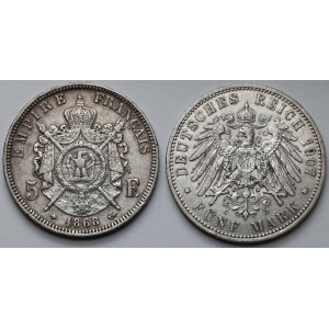 Francúzsko a Prusko, 5 frankov 1868 a 5 mariek 1907 - sada (2ks)