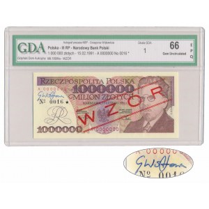 1 milión zlotých 1991 - MODEL - A 0000000 - č. 0016 - s podpisom prezidenta NBP G. Wójtowicza