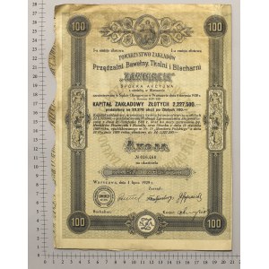 ZAWIERCIE Tow. Zakładów Przędzalni Bawełny..., Em.1, 100 zł 1929