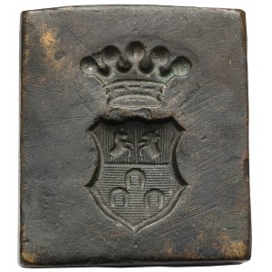 Siegelblock mit eingraviertem Wappen, überragt von einer Krone