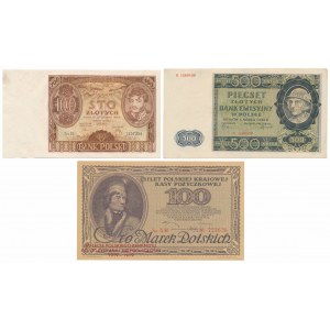100 Zloty 1934 (2+), 500 Zloty 1940 (st.2) und Nachdruck 100 mkp (3 Stück)