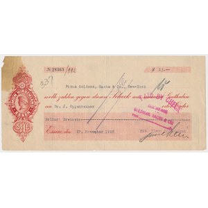 Czek dla Dr. J. Oppenheimer, 1926, blankiet Simon Hirschland, Essen - stempel z Warszawy i polski znaczek opłaty