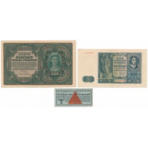 Sada 500 mkp 1919, 50 zl 1941 a táborový poukaz na 2 rmk (3ks)