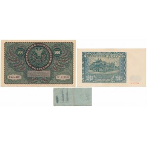 Sada 500 mkp 1919, 50 zl 1941 a táborový poukaz na 2 rmk (3 ks)
