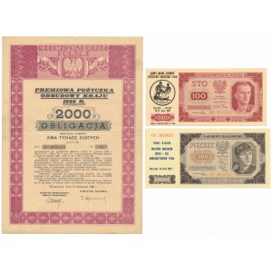 100 i 500 zł 1948 z nadrukami (st.UNC) i oblig. 2.000 zł 1946