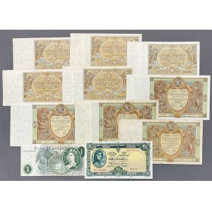 Zestaw banknotów 10 i 50 zł 1929 w tym Anglia i Irlandia (11szt)