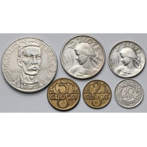 2 grosze - 10 złotych 1923-1933 w tym Traugutt oraz Kobieta i kłosy - zestaw (6szt)