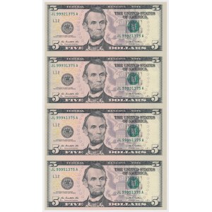 USA, 5 Dollars 2009 - Uncut Strip of 4