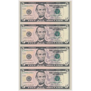 USA, 5 dolarů 2009 - nerozřezané 4 kusy