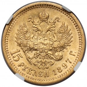 Rusko, Mikuláš II., 15 rublů 1897 AG, Petrohrad