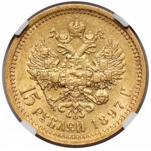 Rusko, Mikuláš II, 15 rubľov 1897 AG, Petrohrad