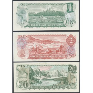 Kanada, 1, 2 a 20 dolarů 1969-1974 (3ks)