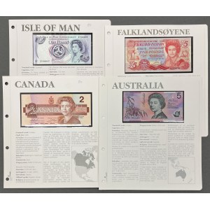 Banknotenset Australien, Kanada, Insel Man und Falklandinseln (4 Stück)