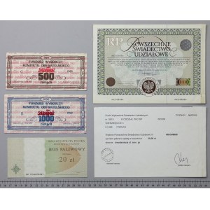 Všeobecný podielový list 1995 s potvrdením, volebné fondy 1989 a poukážka na pohonné hmoty (5 ks)